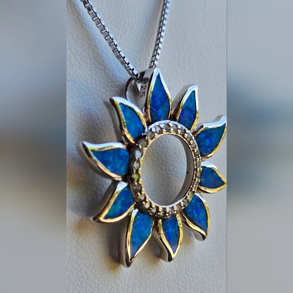 Sterling Silver 925 Necklace Silver 925 Blue Sunflower Opal Pendant Necklace - Picture 14 of 17